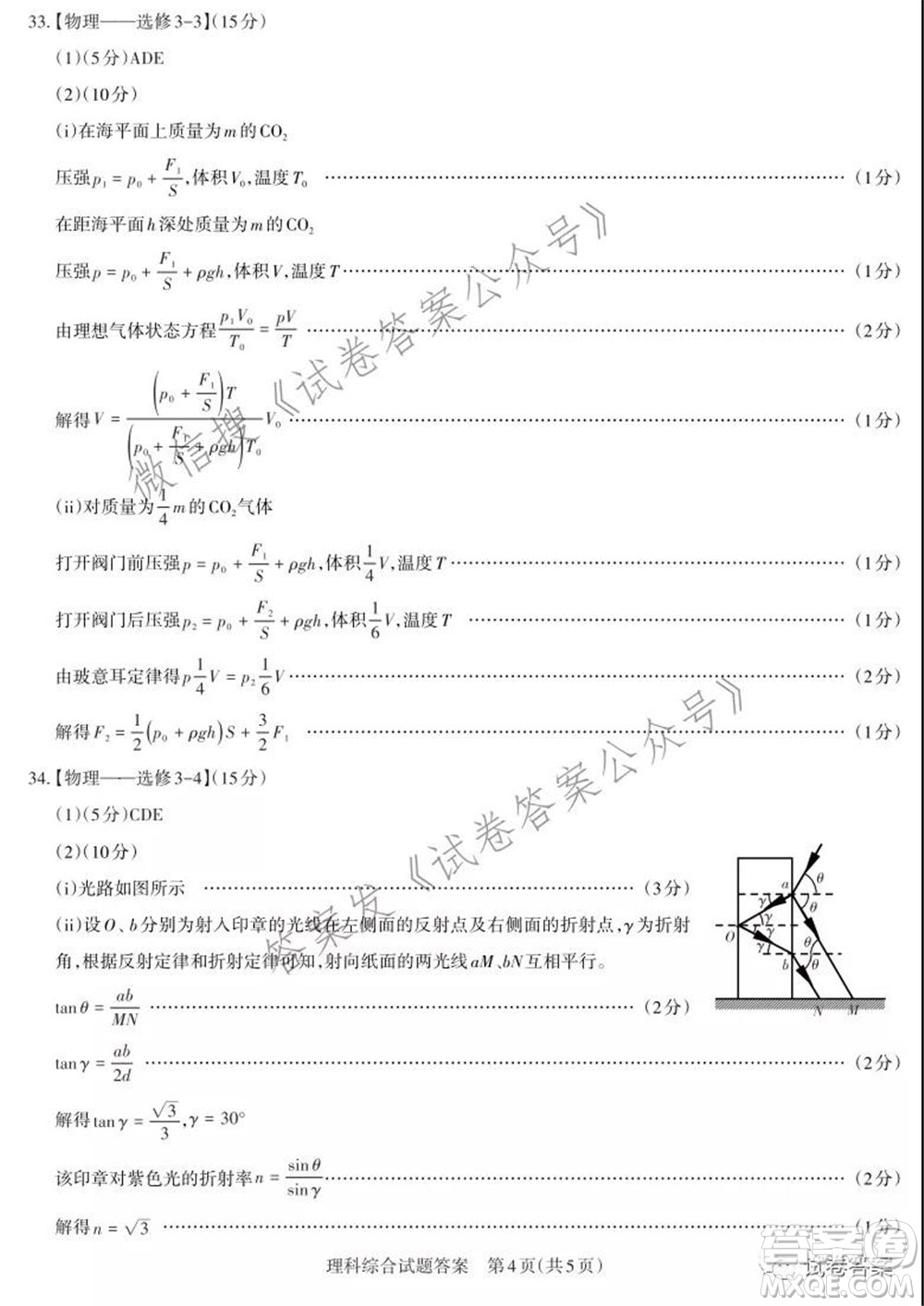 2021年山西省高考考前適應(yīng)性測試二理科綜合答案