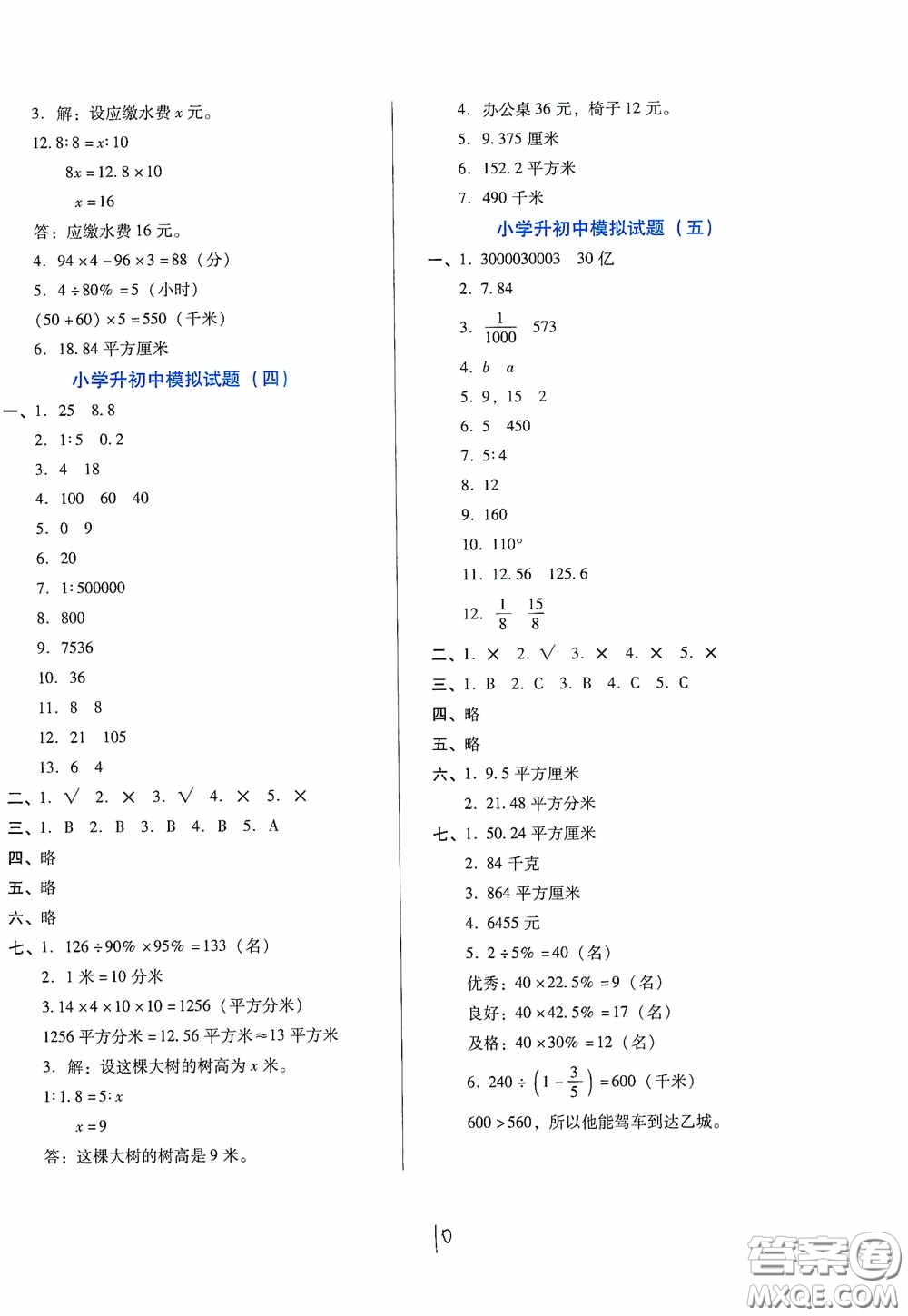 河北少年兒童出版社2021單元檢測卷六年級數(shù)學(xué)下冊人教版答案