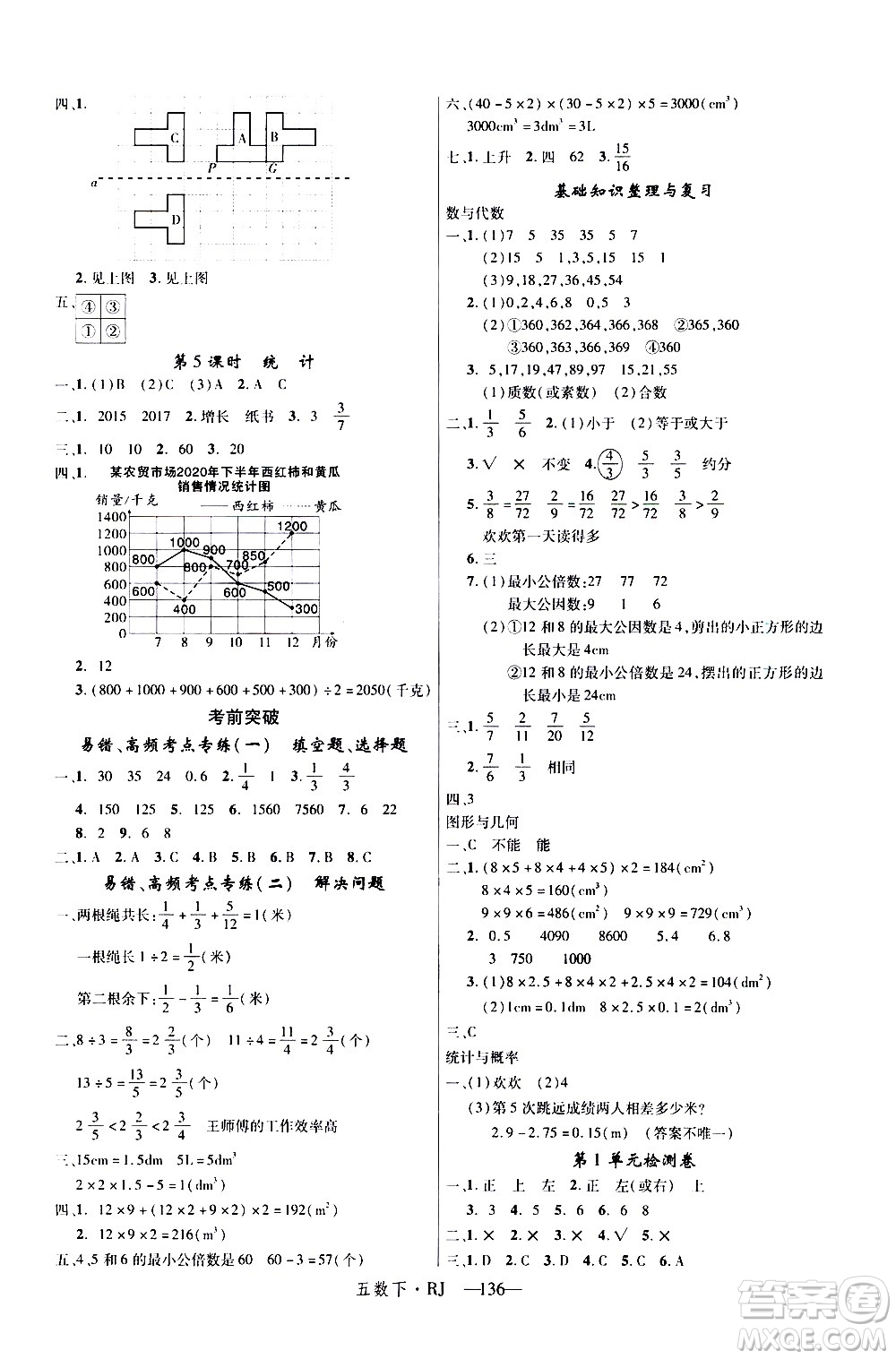 延邊大學出版社2021新領程數學五年級下冊RJ人教版答案