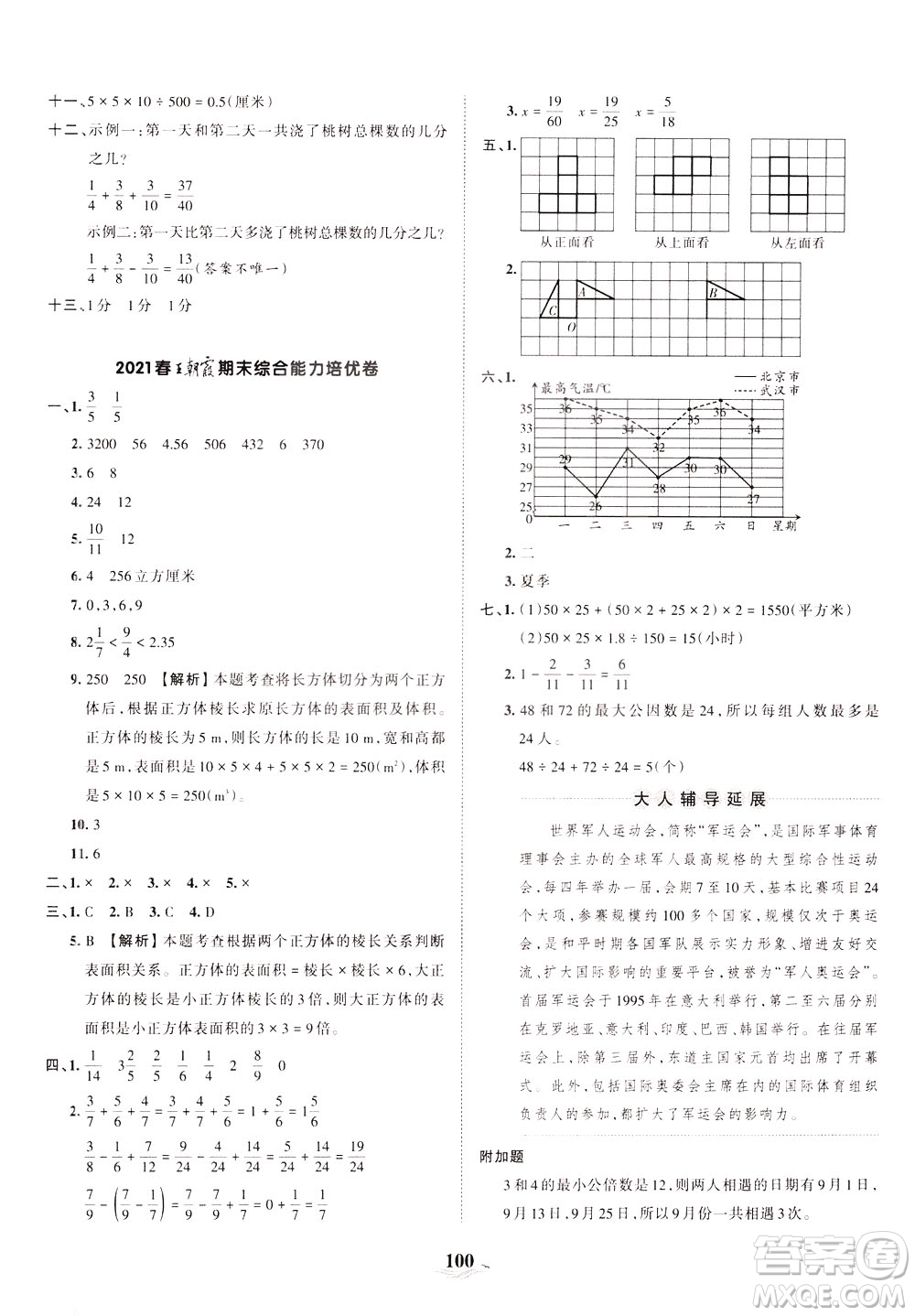 江西人民出版社2021春王朝霞培優(yōu)100分?jǐn)?shù)學(xué)五年級(jí)下冊(cè)RJ人教版答案