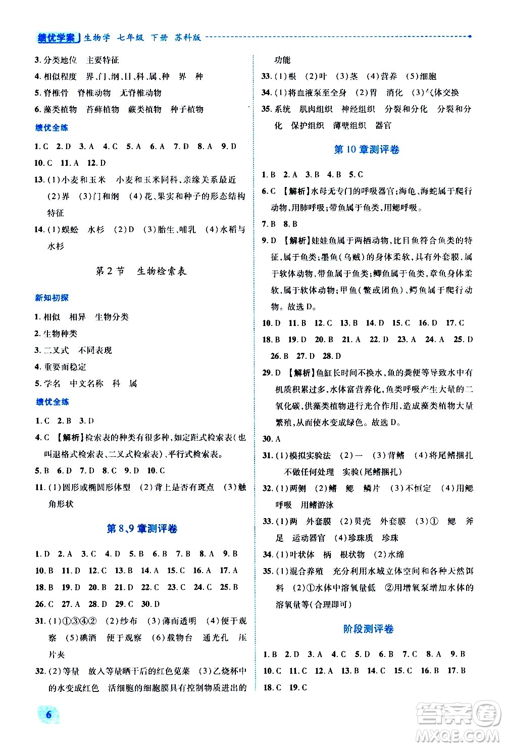 陜西師范大學(xué)出版總社有限公司2021績(jī)優(yōu)學(xué)案生物七年級(jí)下冊(cè)蘇科版答案