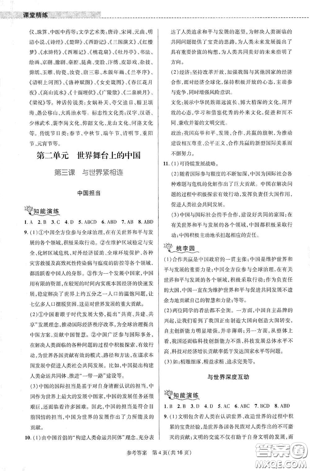 北京師范大學(xué)出版社2021課堂精練九年級道德與法治下冊河南專版答案