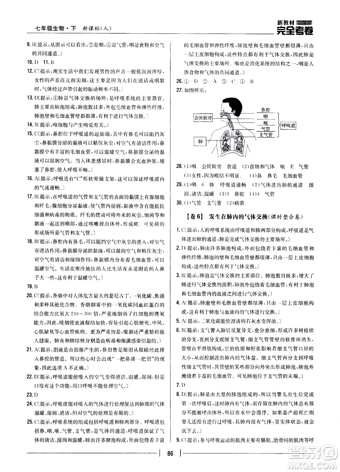 吉林人民出版社2021新教材完全考卷七年級(jí)生物下新課標(biāo)人教版答案