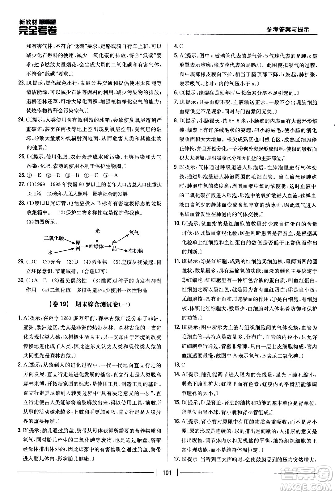 吉林人民出版社2021新教材完全考卷七年級(jí)生物下新課標(biāo)人教版答案