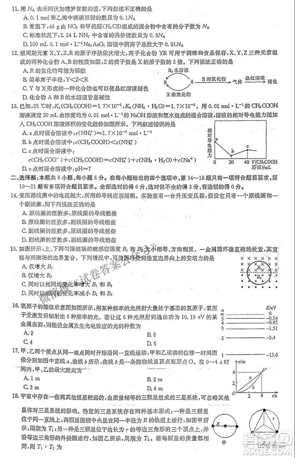 晉城市2021年高三第三次模擬考試理科綜合試題及答案