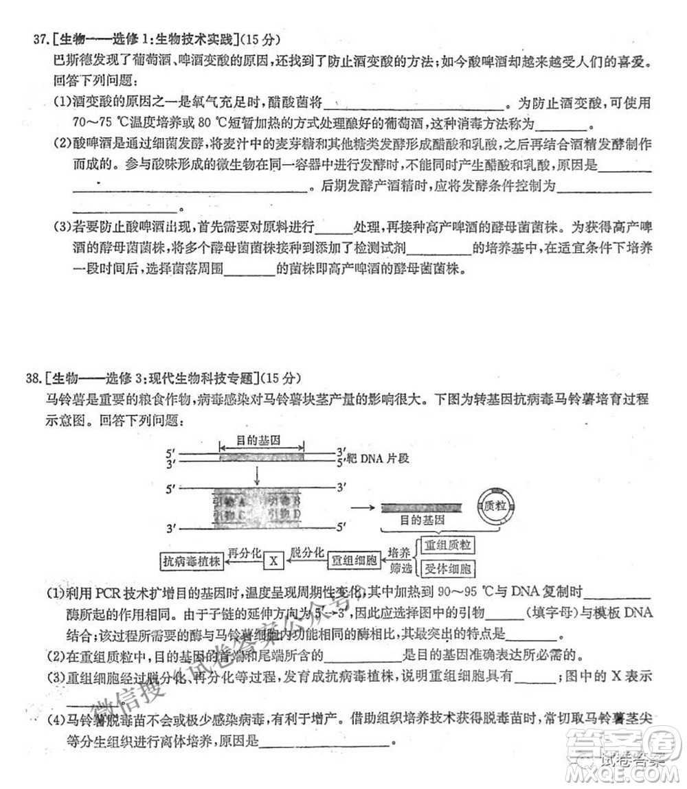 晉城市2021年高三第三次模擬考試理科綜合試題及答案