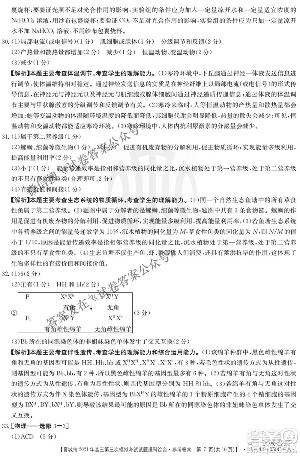 晉城市2021年高三第三次模擬考試理科綜合試題及答案