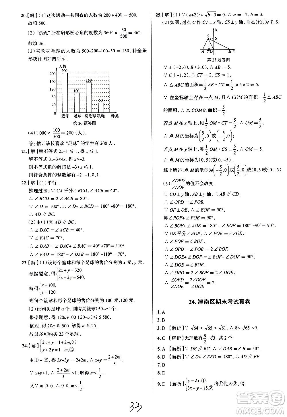 陜西人民教育出版社2021年真題圈天津考生專用練考試卷數(shù)學七年級下冊答案