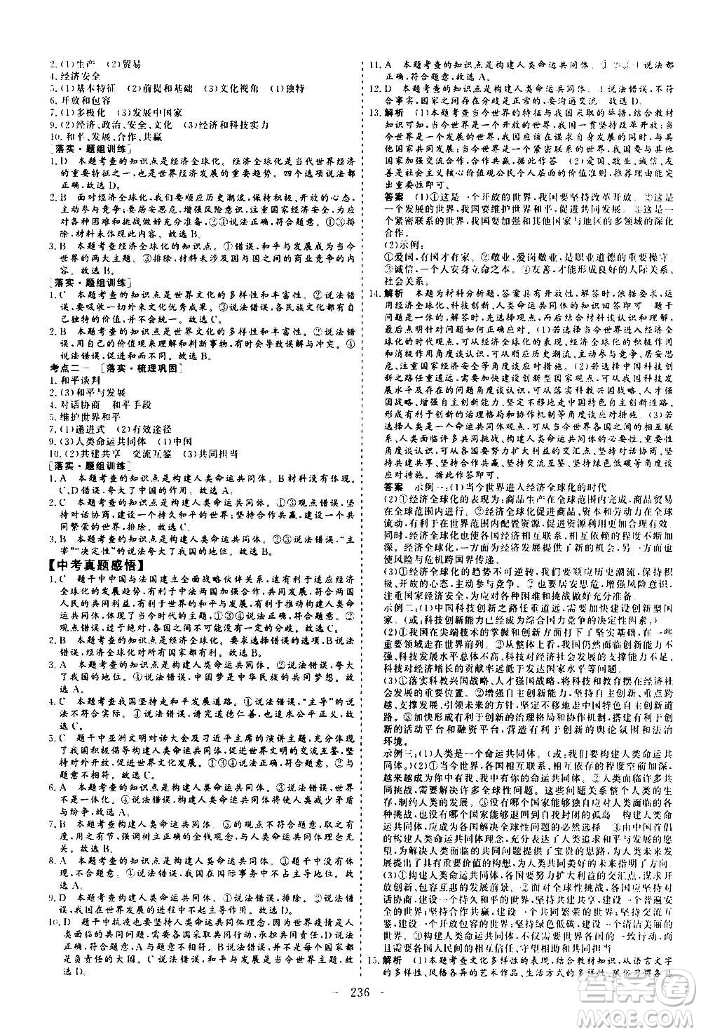 山東美術出版社2021新中考集訓中考總復習道德與法治九年級通用版答案