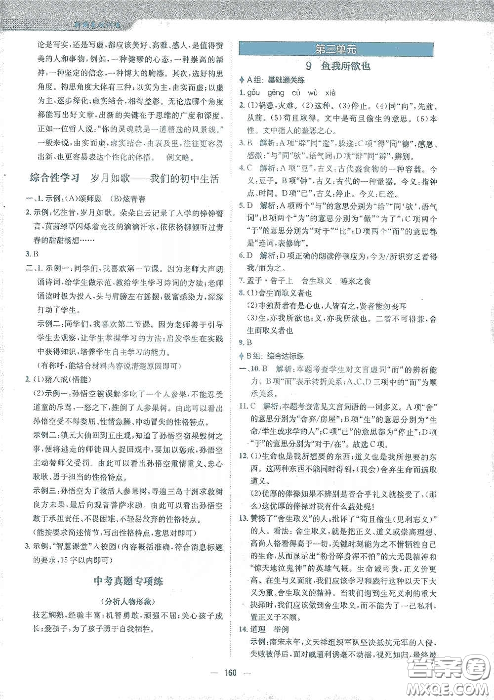 安徽教育出版社2021新編基礎(chǔ)訓(xùn)練九年級語文下冊人教版答案