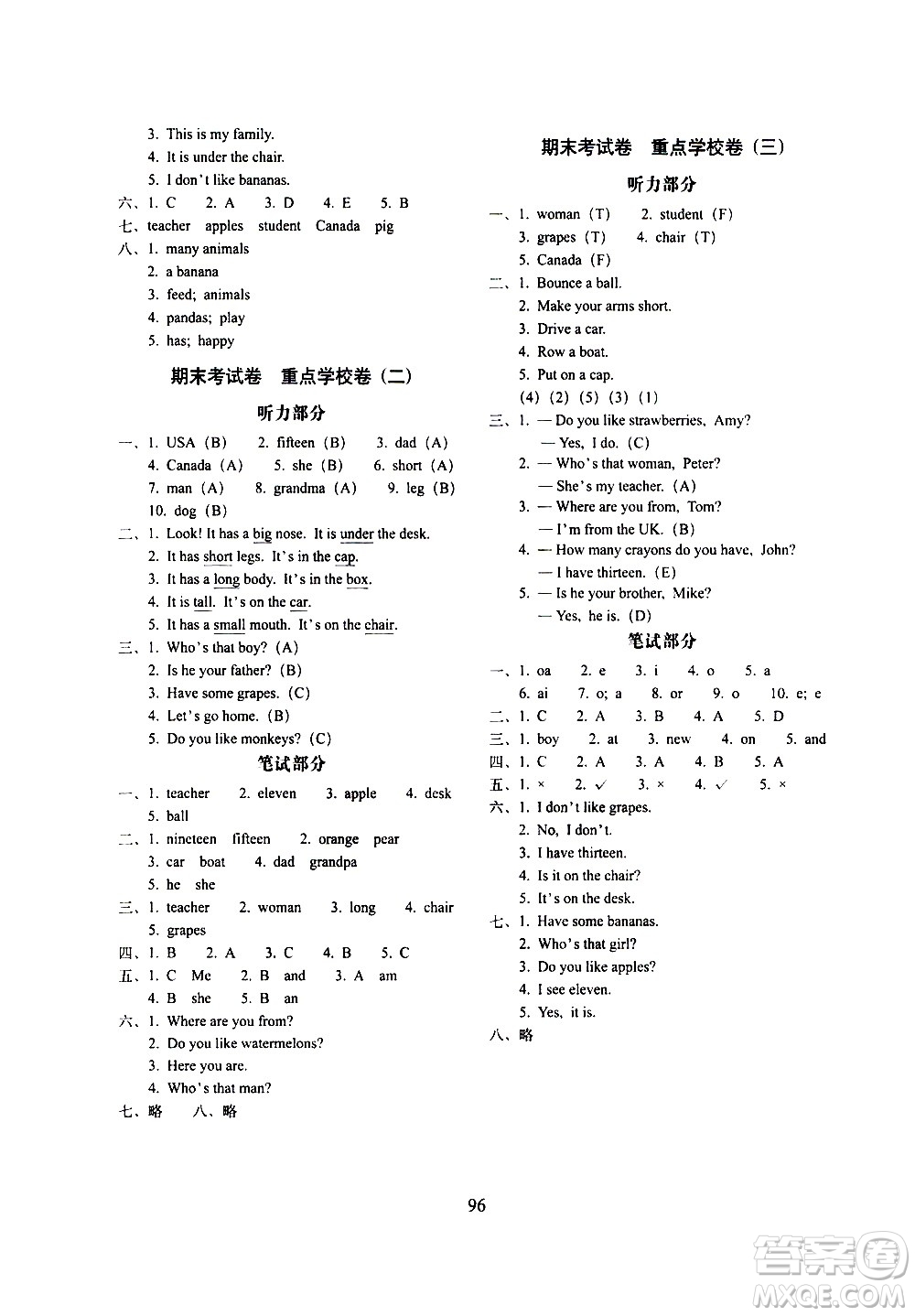 長(zhǎng)春出版社2021春期末沖刺100分完全試卷英語(yǔ)三年級(jí)下冊(cè)人教PEP版答案