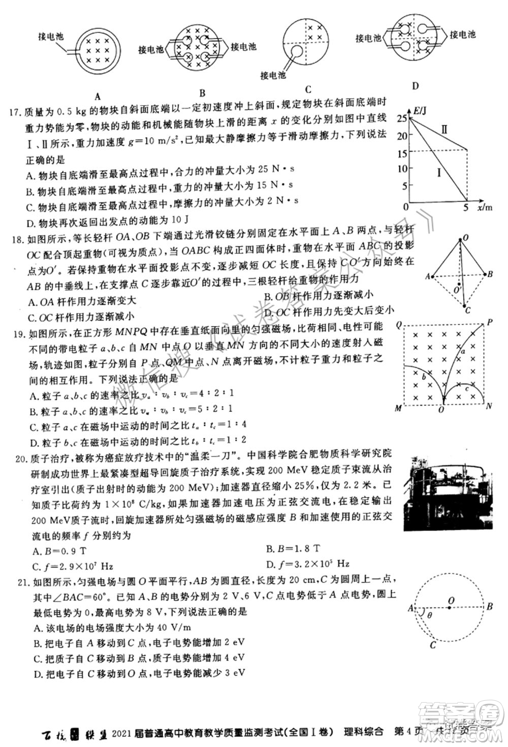 百校聯(lián)盟2021屆普通高中教育教學質(zhì)量監(jiān)測考試全國I卷理科綜合試題及答案