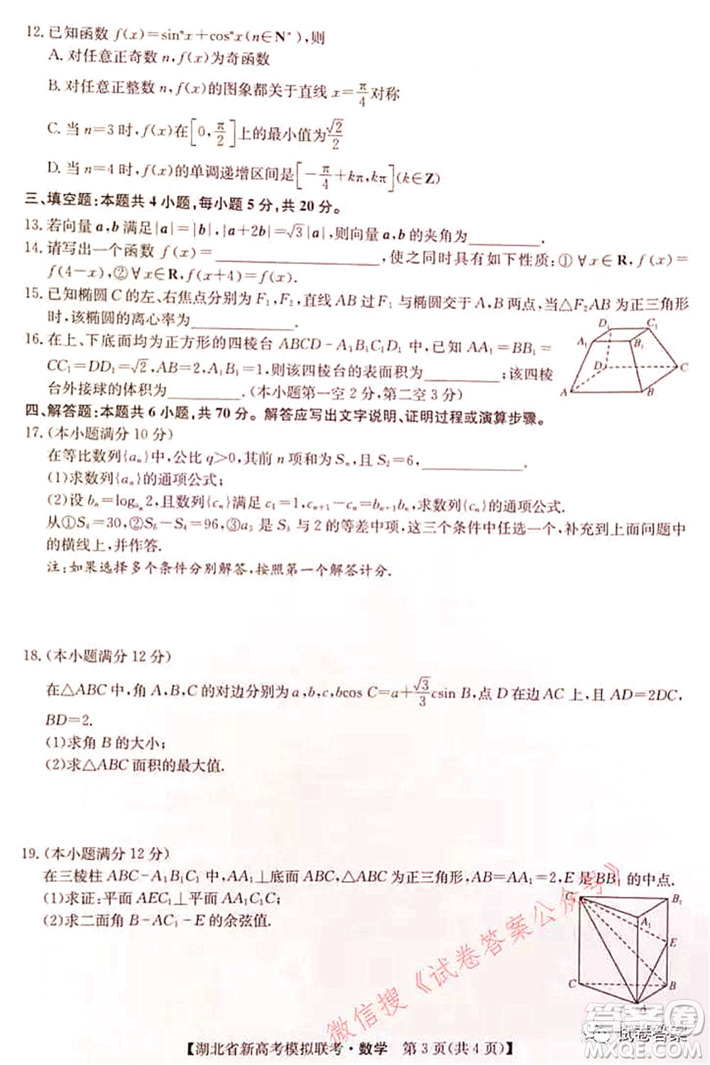 2020-2021學年湖北省新高考模擬聯(lián)考數(shù)學試題及答案