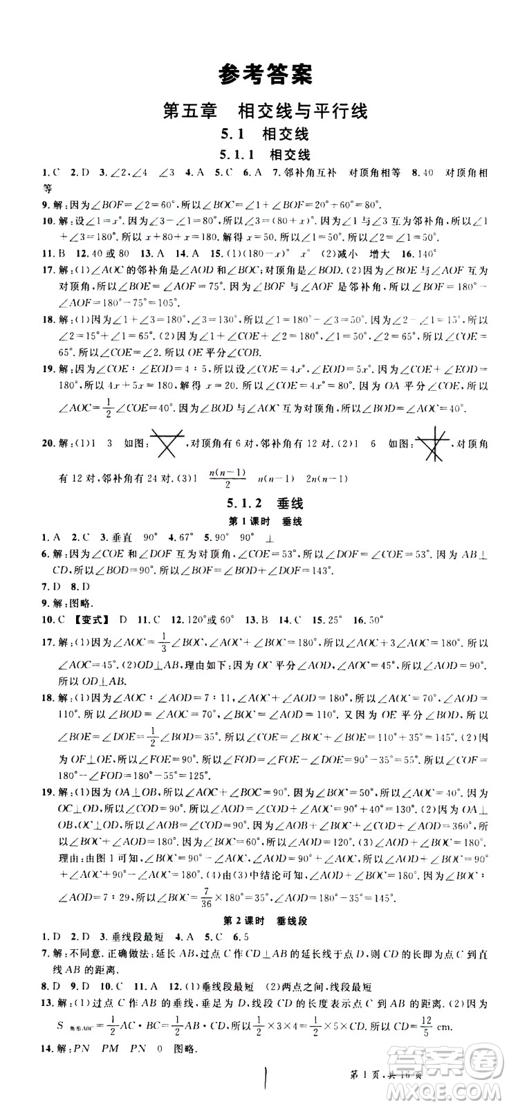 吉林教育出版社2021名校課堂河北專版領(lǐng)導(dǎo)者數(shù)學(xué)七年級(jí)下冊(cè)RJ人教版答案