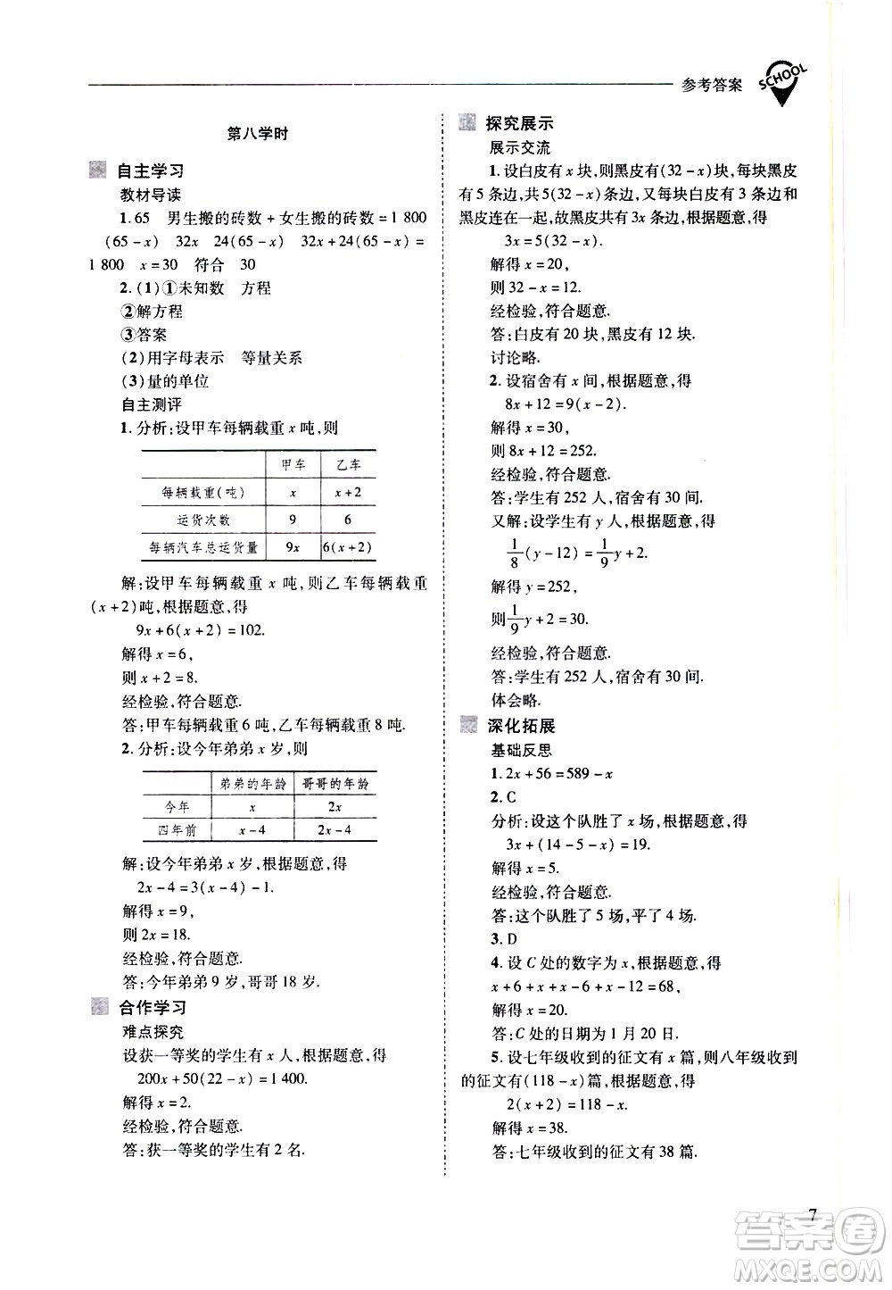 山西教育出版社2021新課程問(wèn)題解決導(dǎo)學(xué)方案數(shù)學(xué)七年級(jí)下冊(cè)華東師大版答案