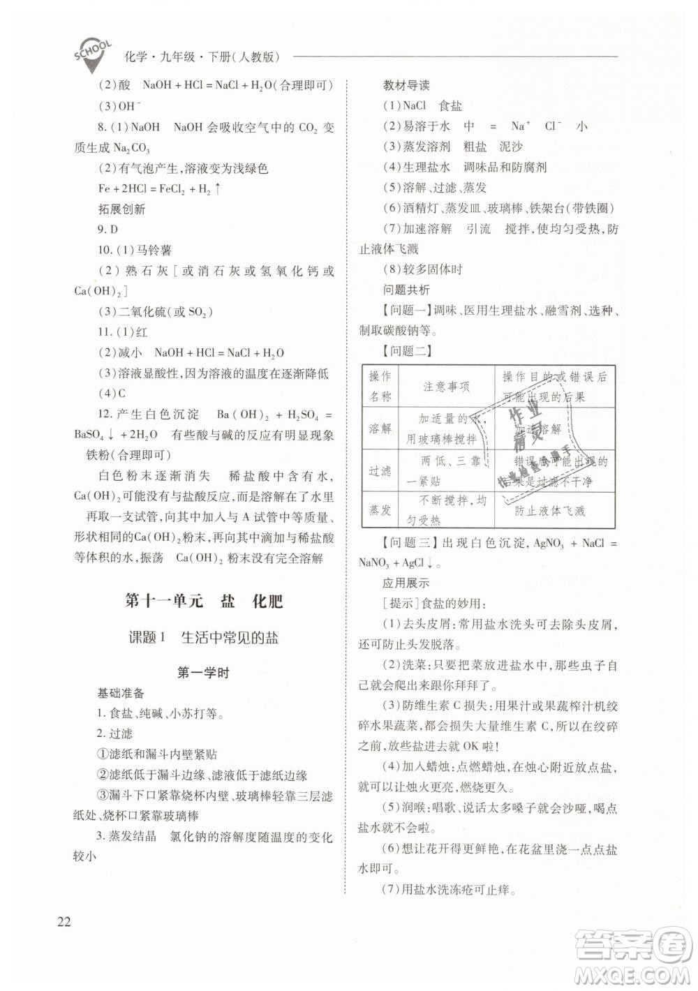 山西教育出版社2021新課程問(wèn)題解決導(dǎo)學(xué)方案化學(xué)九年級(jí)下冊(cè)人教版答案