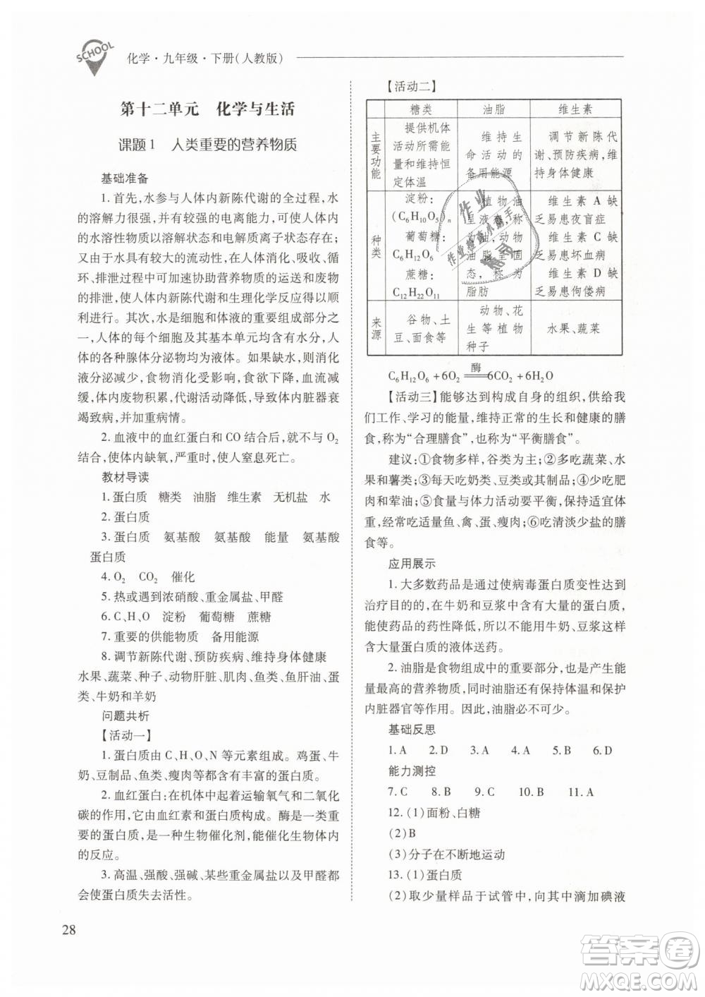 山西教育出版社2021新課程問(wèn)題解決導(dǎo)學(xué)方案化學(xué)九年級(jí)下冊(cè)人教版答案