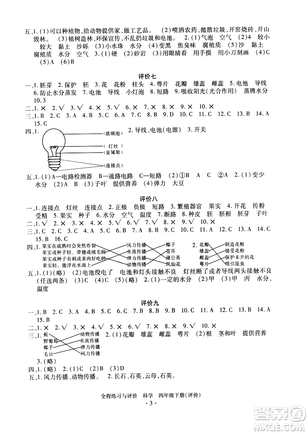 浙江人民出版社2021全程練習與評價評價四年級下冊科學J冀教版答案