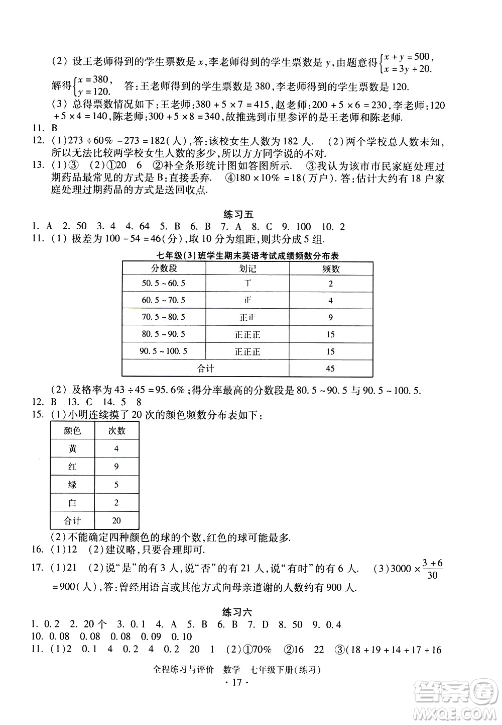 浙江人民出版社2021全程練習(xí)與評價練習(xí)七年級下冊數(shù)學(xué)ZH浙教版答案