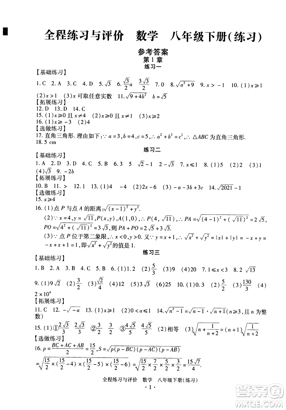 浙江人民出版社2021全程練習(xí)與評(píng)價(jià)練習(xí)八年級(jí)下冊(cè)數(shù)學(xué)ZH浙教版答案