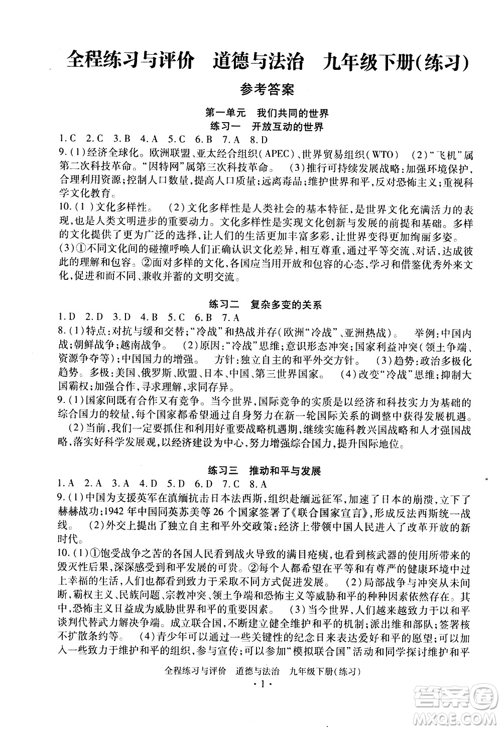 浙江人民出版社2021全程練習(xí)與評價(jià)練習(xí)九年級下冊道德與法治R人教版答案