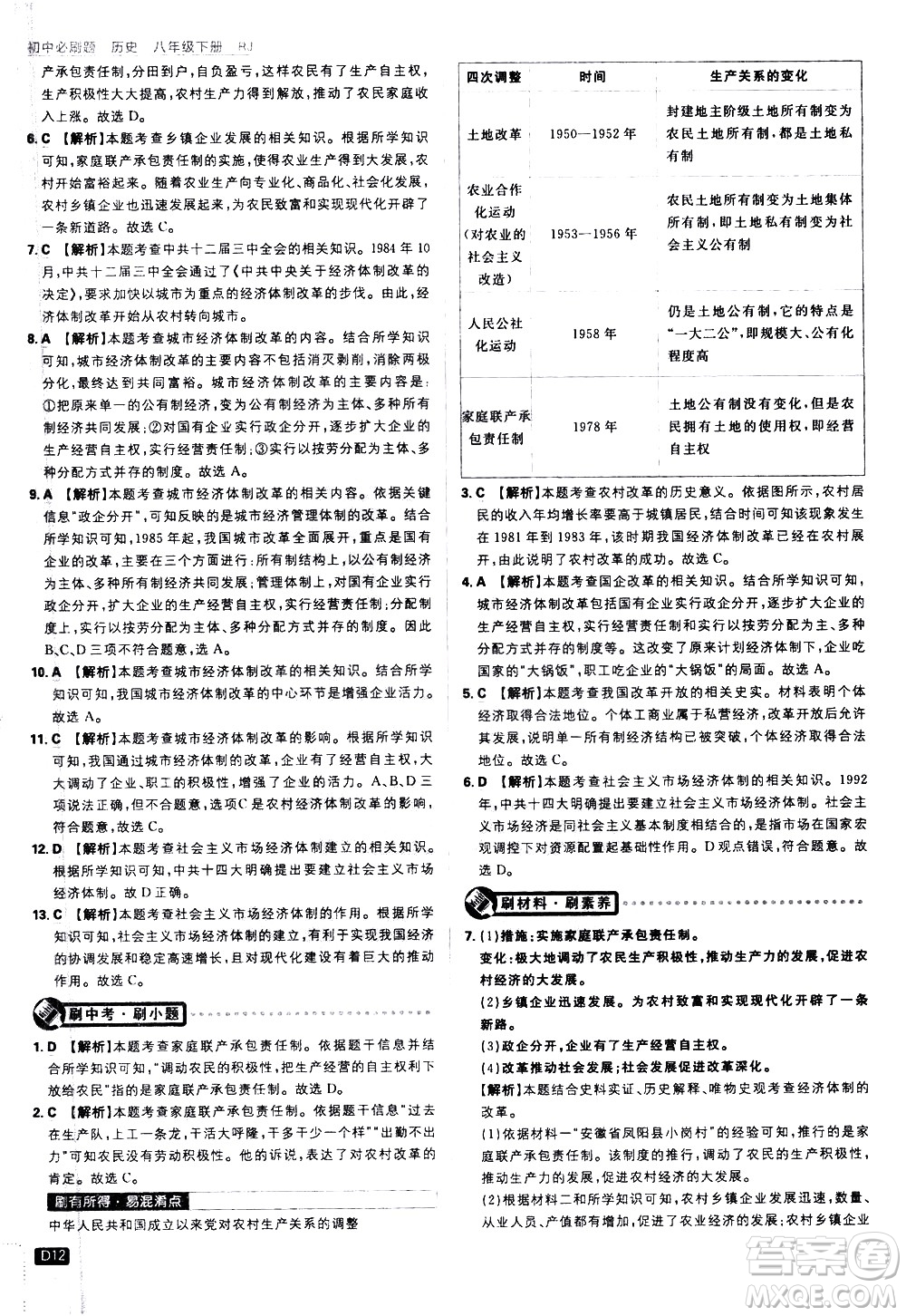 開(kāi)明出版社2021版初中必刷題歷史八年級(jí)下冊(cè)RJ人教版答案