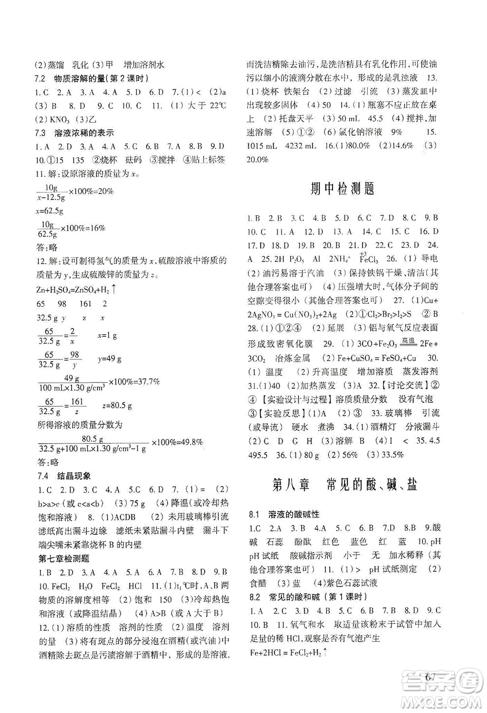 科學(xué)出版社2021年化學(xué)配套綜合練習(xí)九年級下冊科學(xué)版答案