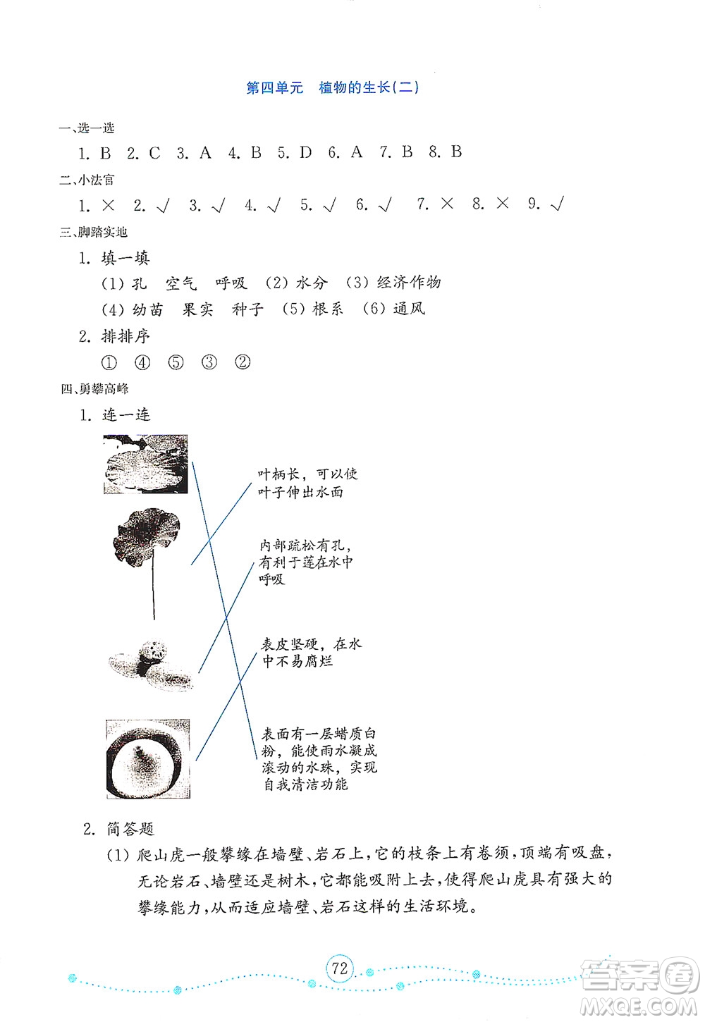 山東教育出版社2021年小學(xué)科學(xué)金鑰匙試卷四年級下冊金版青島版答案