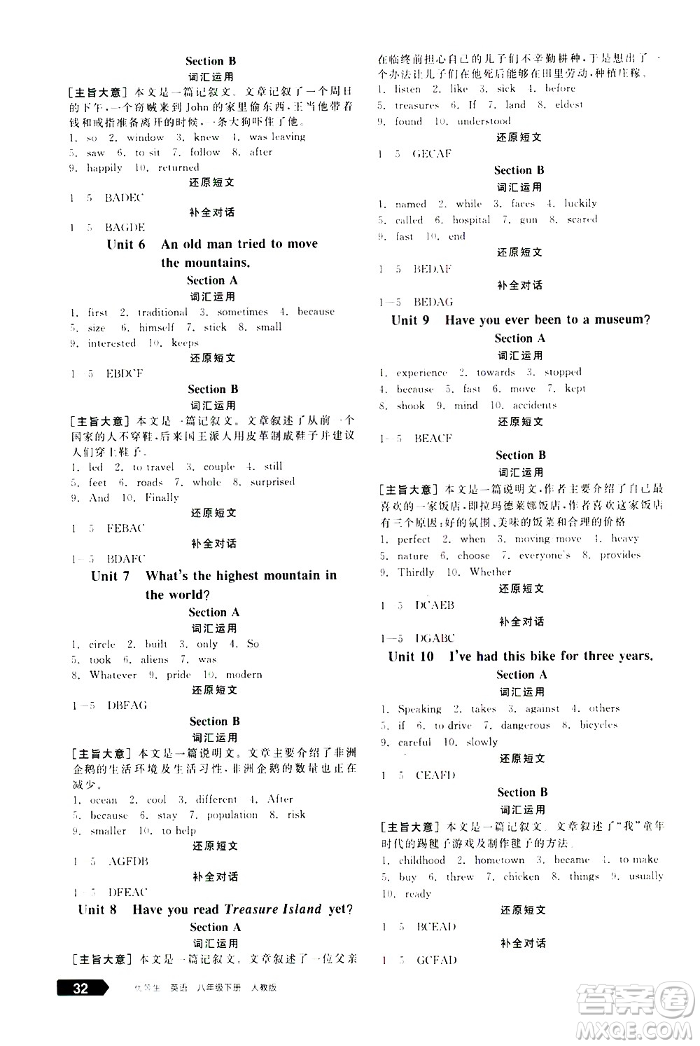 陽光出版社2021練就優(yōu)等生英語江西特色題型專練八年級下冊新課標RJ人教版答案