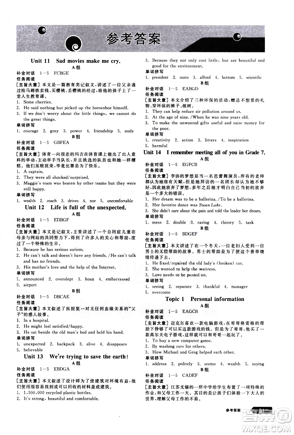 陽光出版社2021練就優(yōu)等生英語安徽特色題型專練九年級(jí)全一冊下新課標(biāo)RJ人教版答案