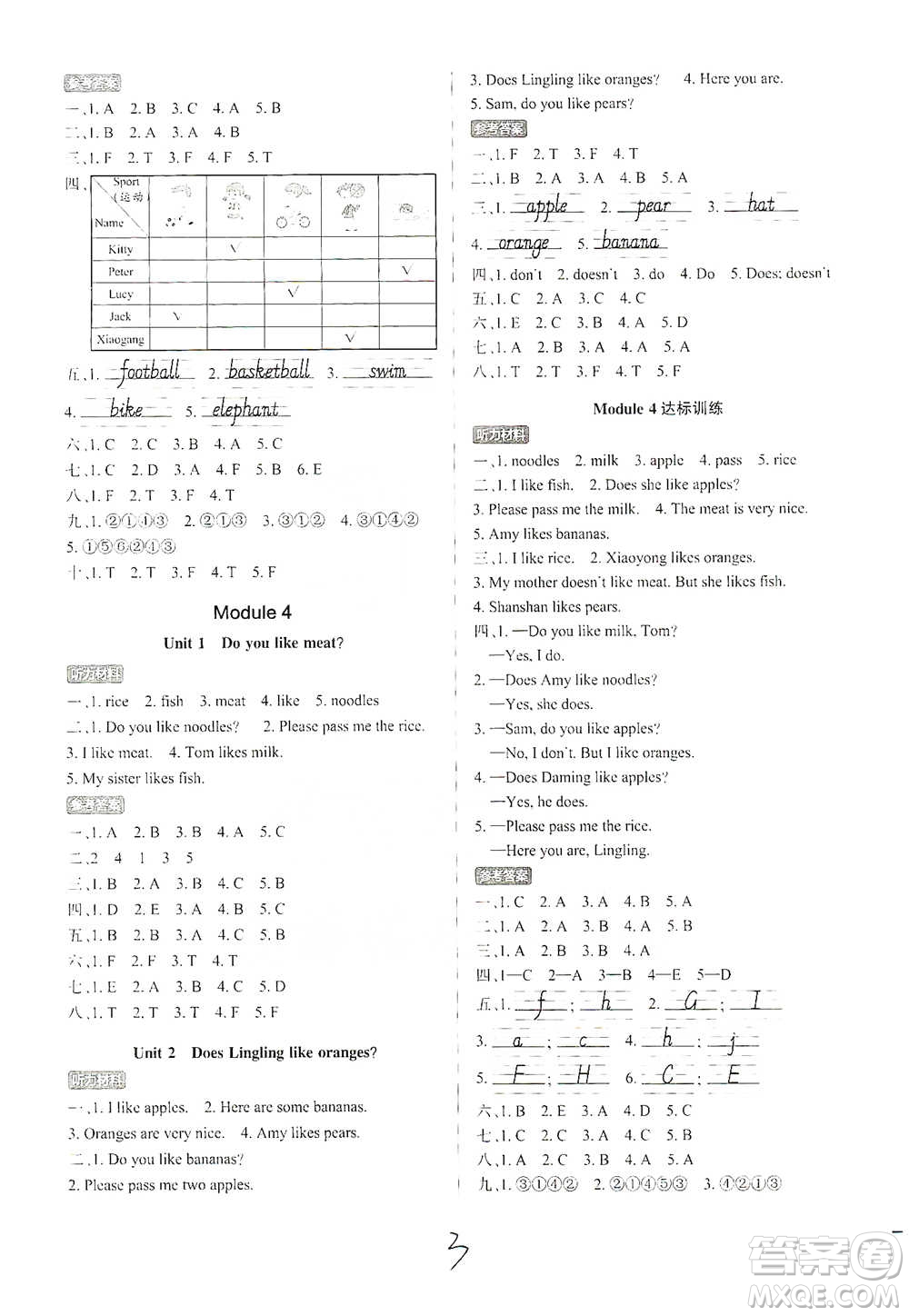 陜西師范大學(xué)出版社2021PASS小學(xué)學(xué)霸作業(yè)本英語三年級(jí)下冊(cè)WY版參考答案