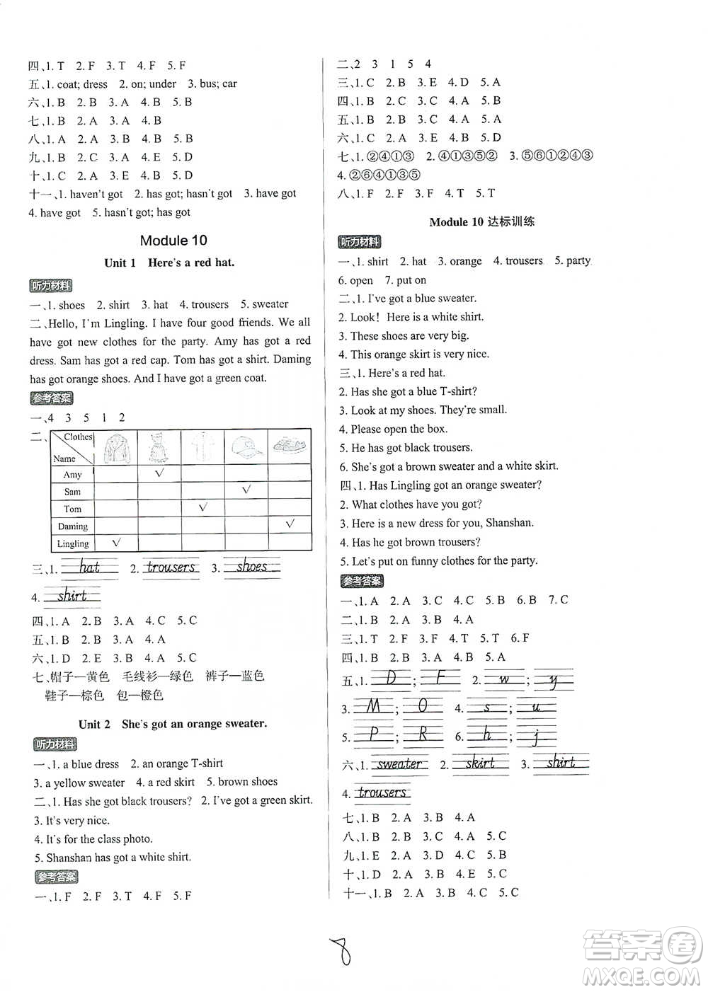 陜西師范大學(xué)出版社2021PASS小學(xué)學(xué)霸作業(yè)本英語三年級(jí)下冊(cè)WY版參考答案