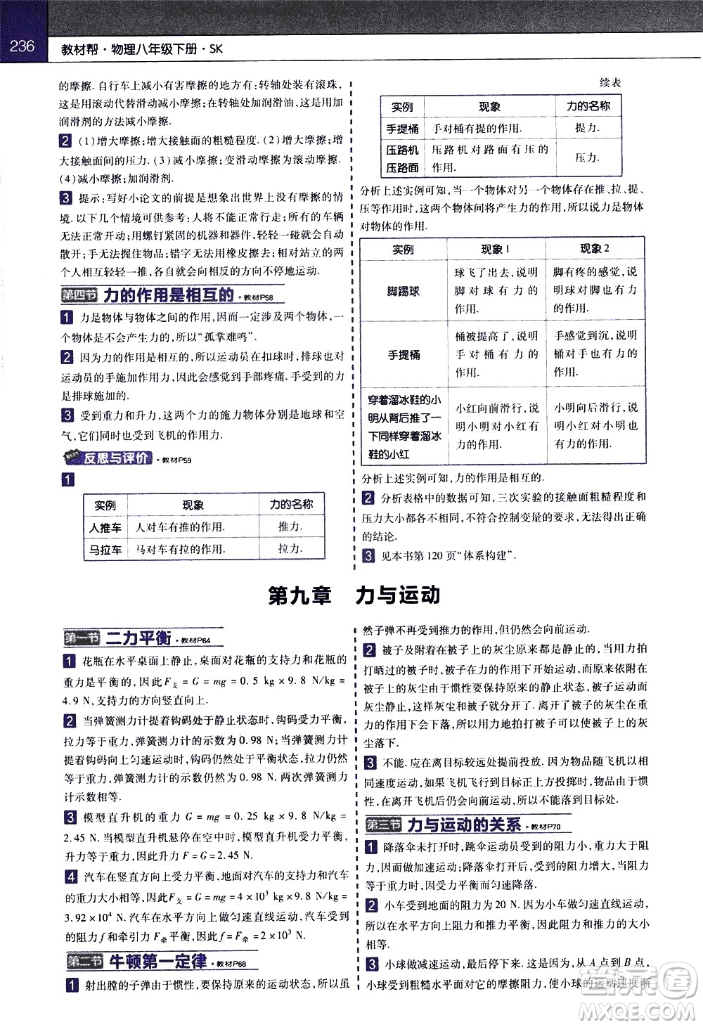 南京師范大學(xué)出版社2021教材幫初中物理八年級下冊SK蘇科版答案