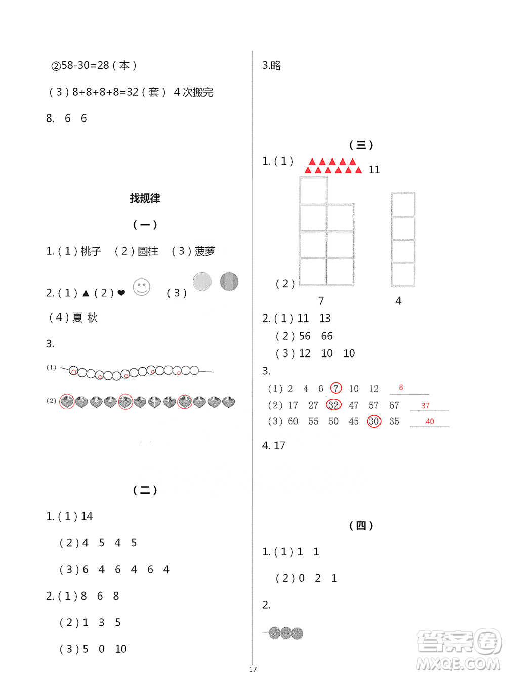 浙江教育出版社2021數(shù)學(xué)課堂作業(yè)本一年級(jí)下冊(cè)人教版參考答案