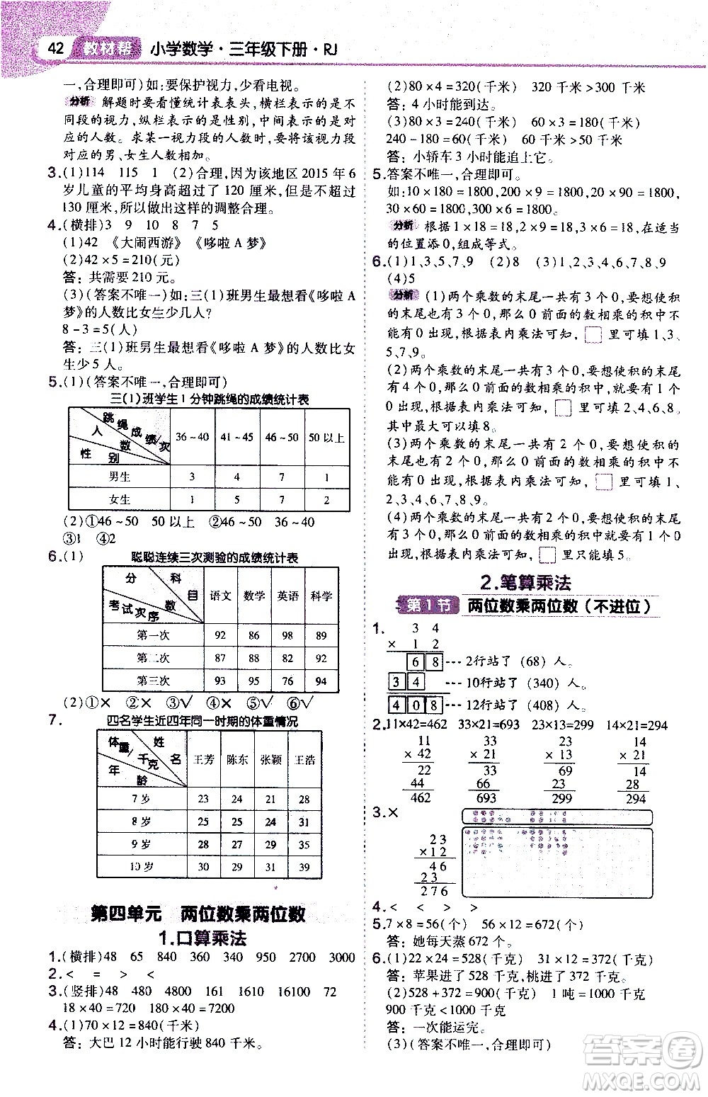 南京師范大學出版社2021教材幫作業(yè)幫小學數學三年級下冊RJ人教版答案