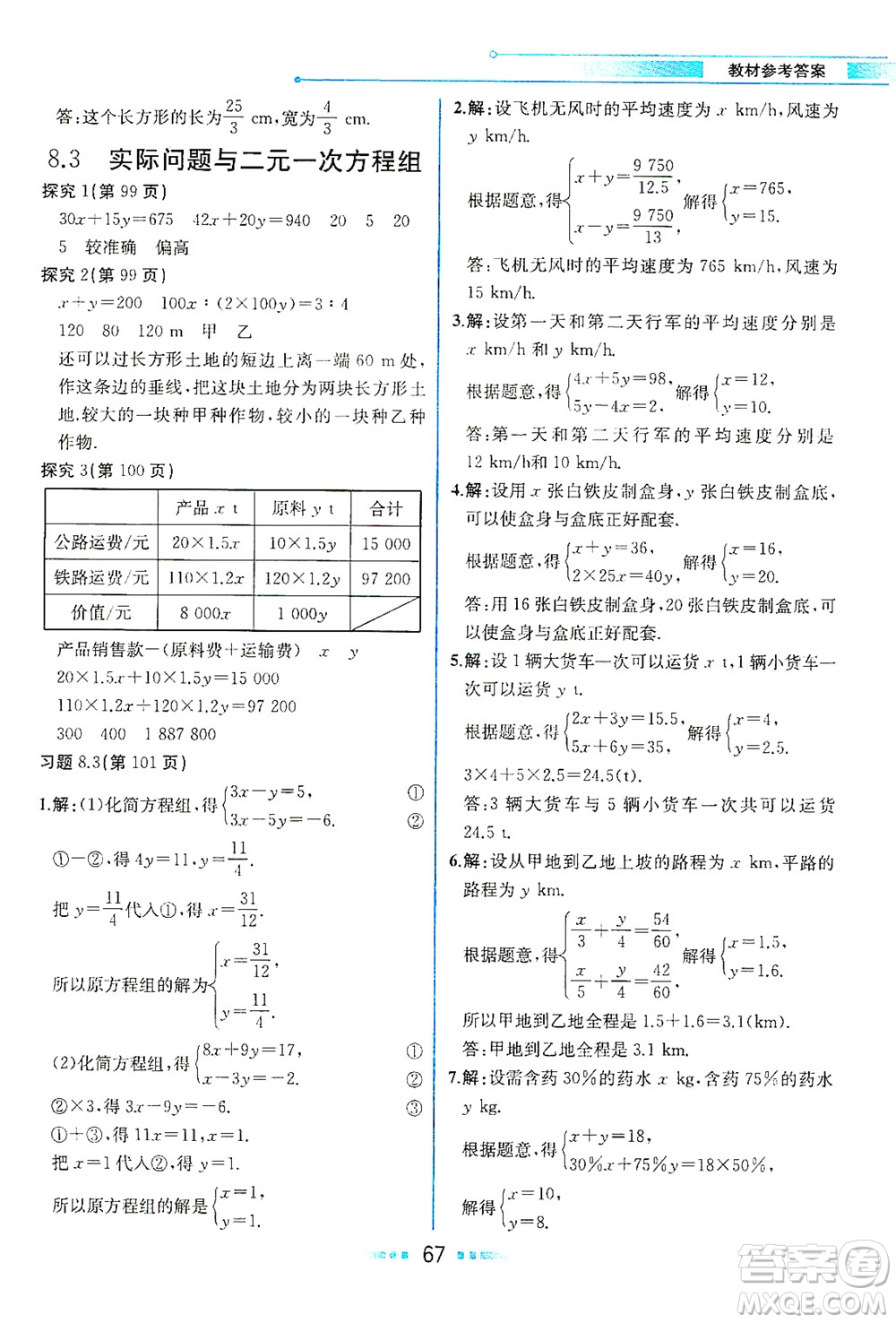 人民教育出版社2021教材解讀數(shù)學(xué)七年級下冊人教版答案