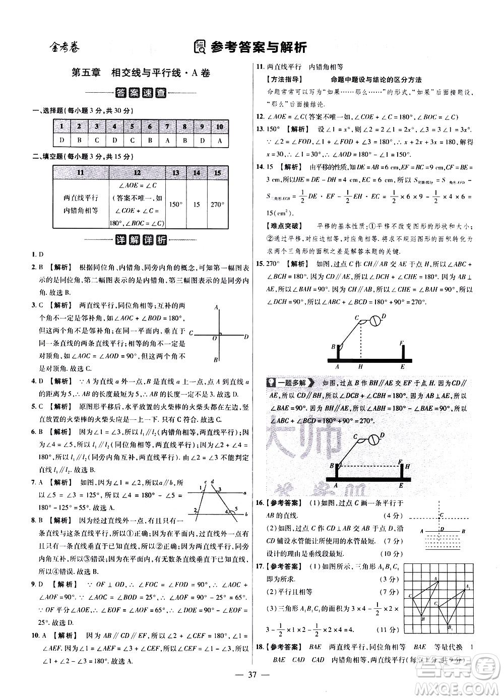 延邊教育出版社2021版金考卷活頁(yè)題選名師名題單元雙測(cè)卷數(shù)學(xué)七年級(jí)下冊(cè)RJ人教版答案