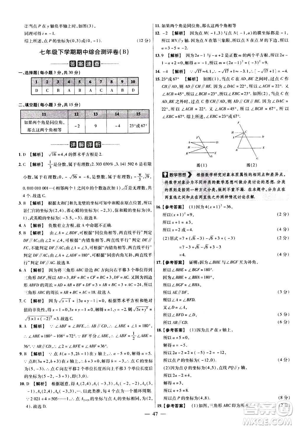 延邊教育出版社2021版金考卷活頁(yè)題選名師名題單元雙測(cè)卷數(shù)學(xué)七年級(jí)下冊(cè)RJ人教版答案