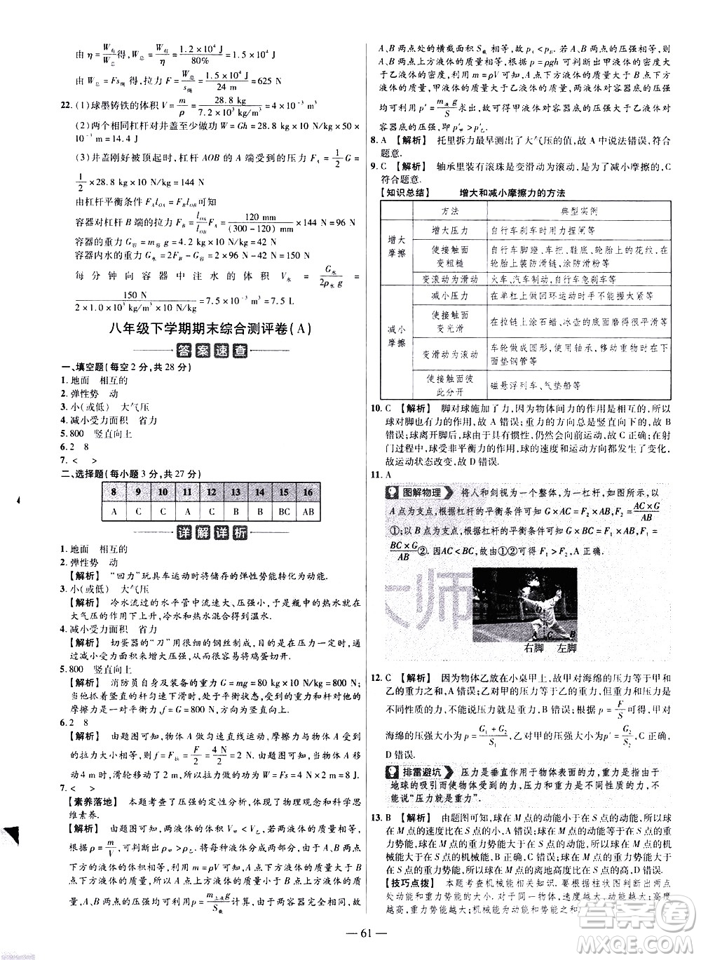 延邊教育出版社2021版金考卷活頁(yè)題選名師名題單元雙測(cè)卷物理八年級(jí)下冊(cè)RJ人教版答案