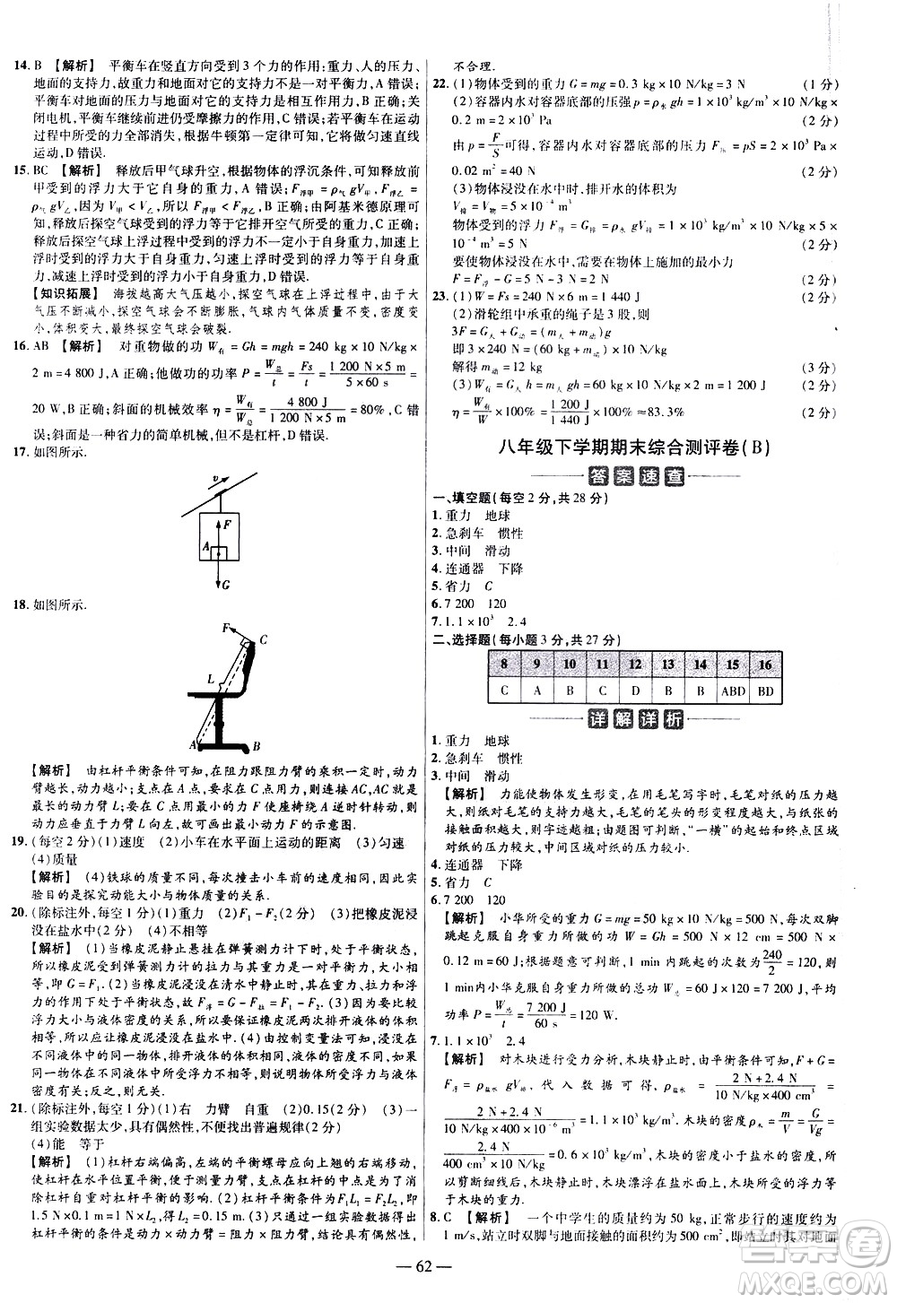 延邊教育出版社2021版金考卷活頁(yè)題選名師名題單元雙測(cè)卷物理八年級(jí)下冊(cè)RJ人教版答案