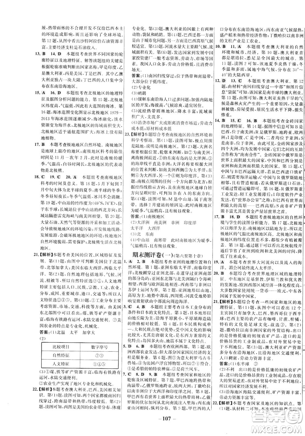 安徽師范大學(xué)出版社2021世紀(jì)金榜百練百勝地理七年級(jí)下冊(cè)人教版答案