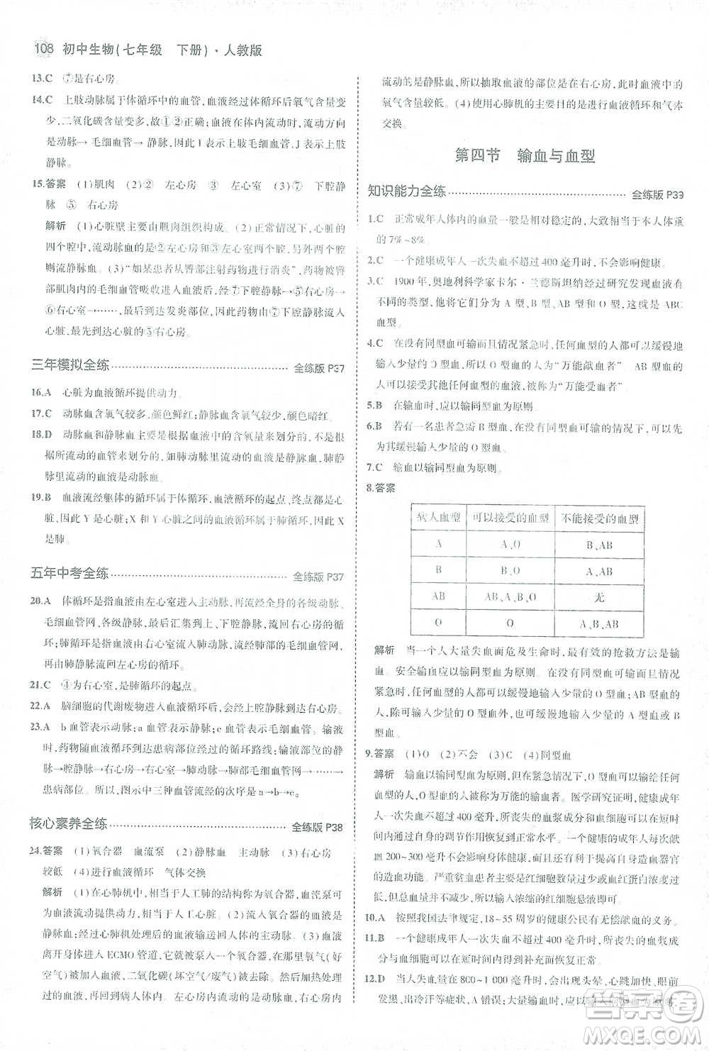 首都師范大學(xué)出版社2021年5年中考3年模擬生物七年級下冊人教版參考答案