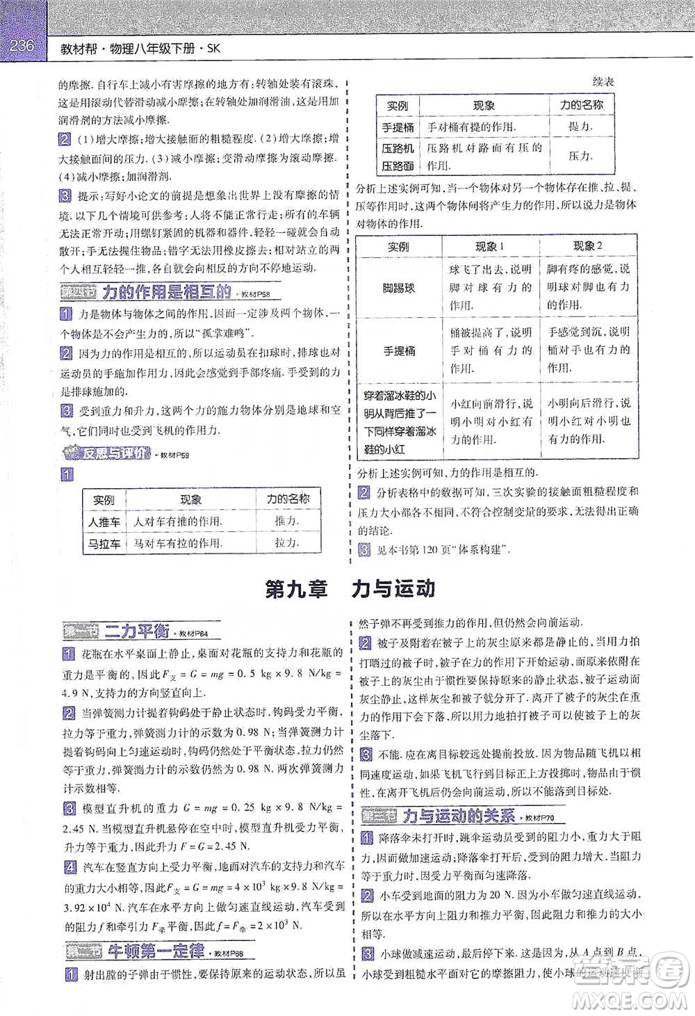 南京師范大學(xué)出版社2021初中物理教材幫八年級(jí)下冊(cè)人教版參考答案