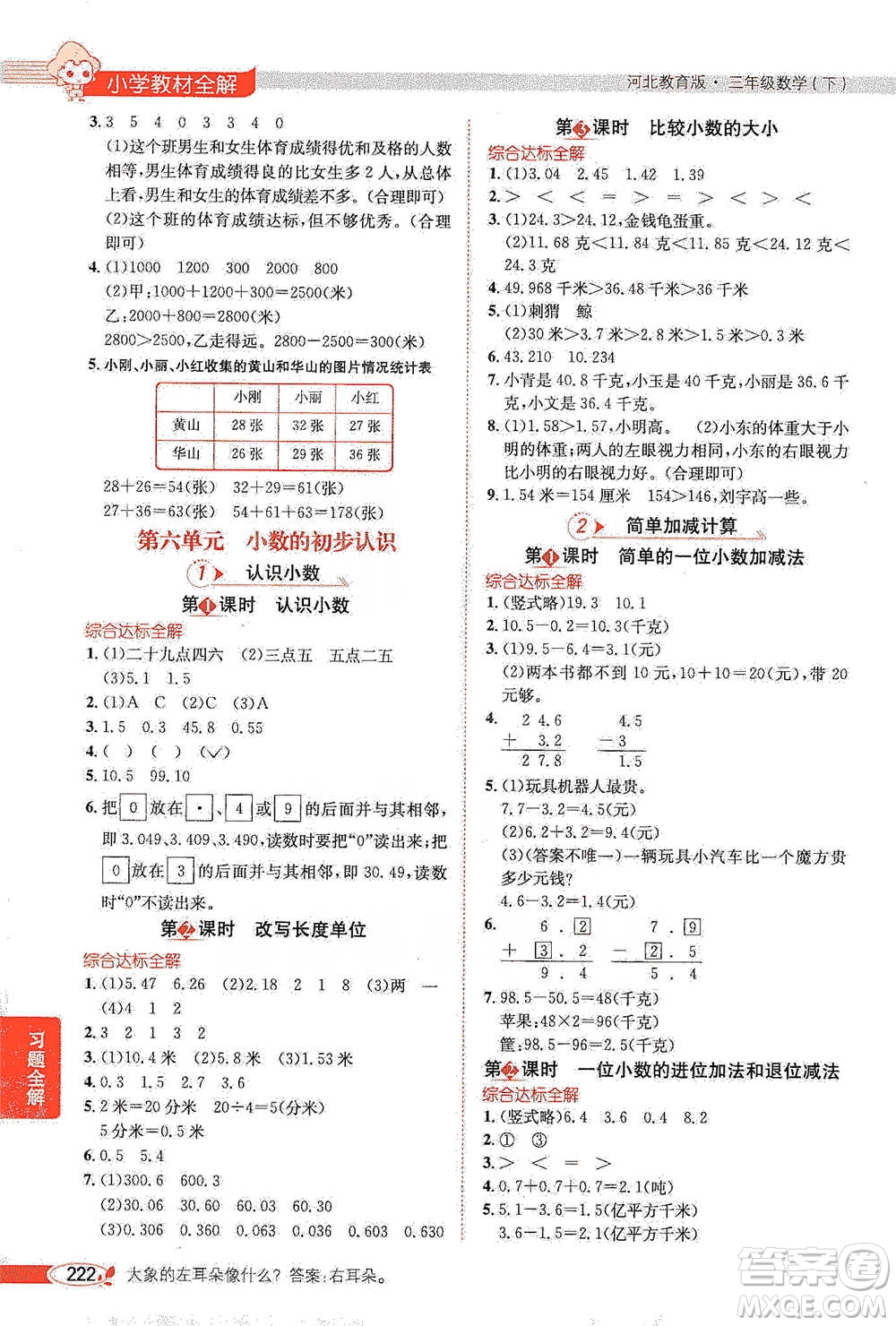 陜西人民教育出版社2021小學教材全解三年級下冊數(shù)學河北教育版參考答案