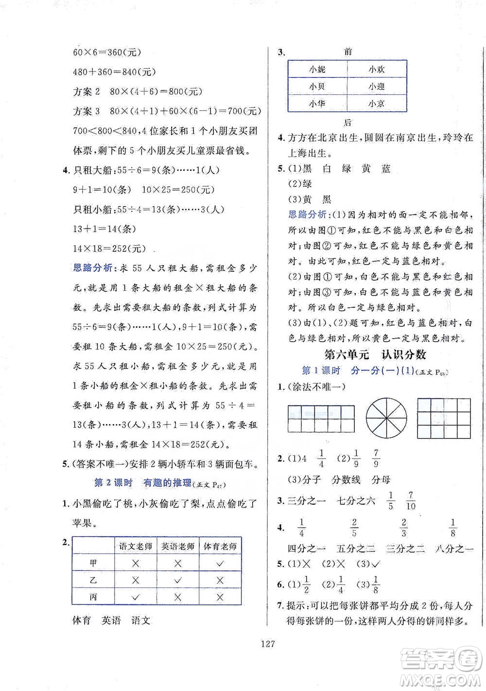 陜西人民教育出版社2021小學(xué)教材全練三年級下冊數(shù)學(xué)北京師大版參考答案