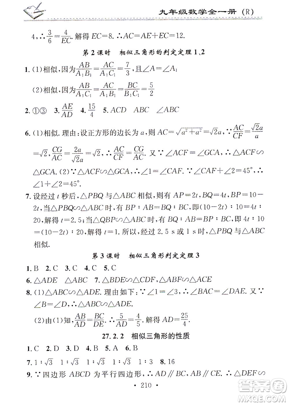 廣東經濟出版社2021名校課堂小練習數學九年級全一冊R人教版答案