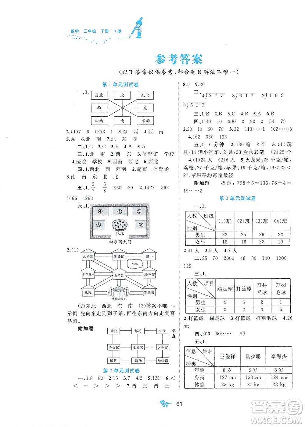 廣西教育出版社2021新課程學(xué)習(xí)與測評單元雙測數(shù)學(xué)三年級下冊A版人教版答案