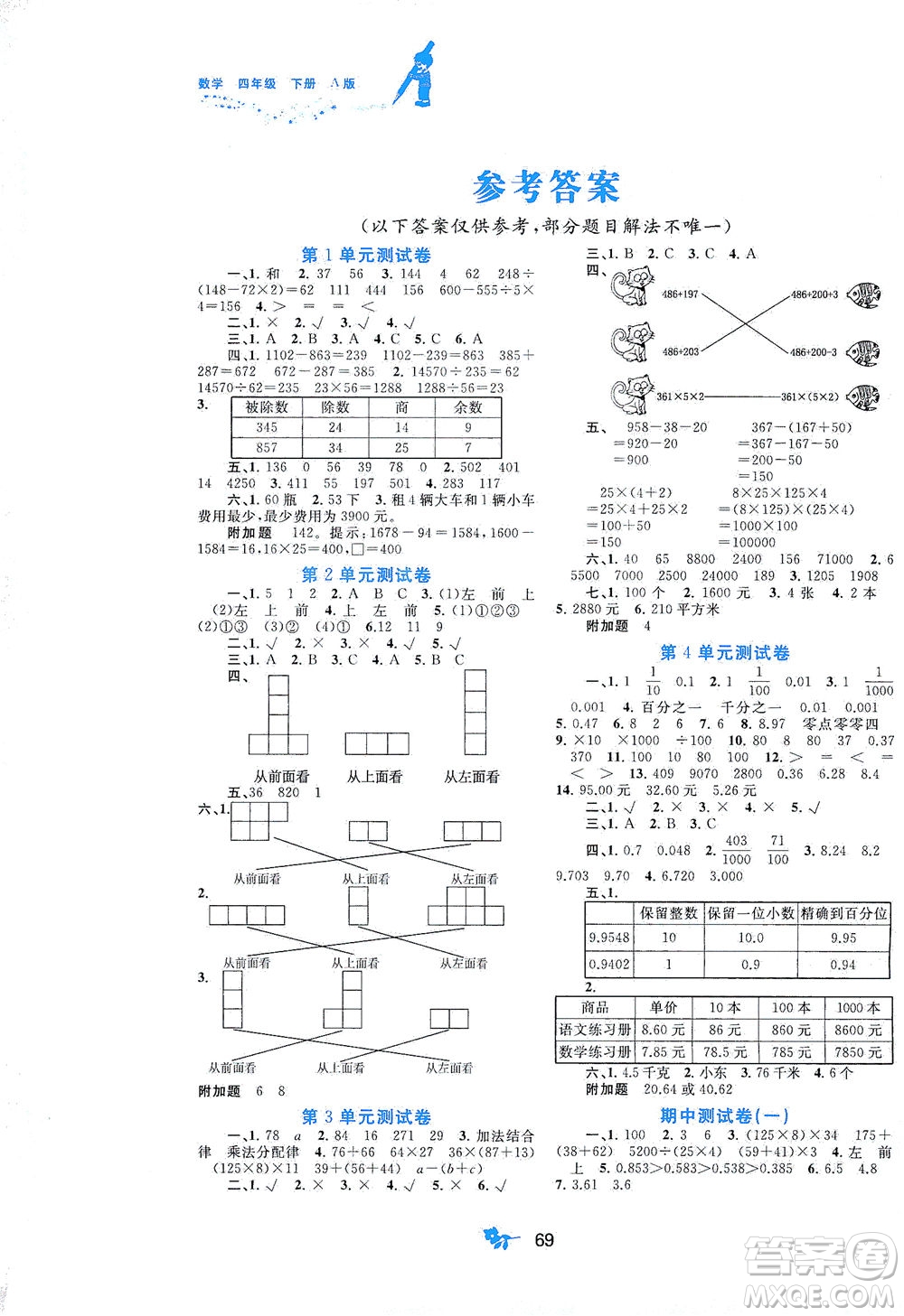 廣西教育出版社2021新課程學(xué)習(xí)與測評單元雙測數(shù)學(xué)四年級下冊A版人教版答案