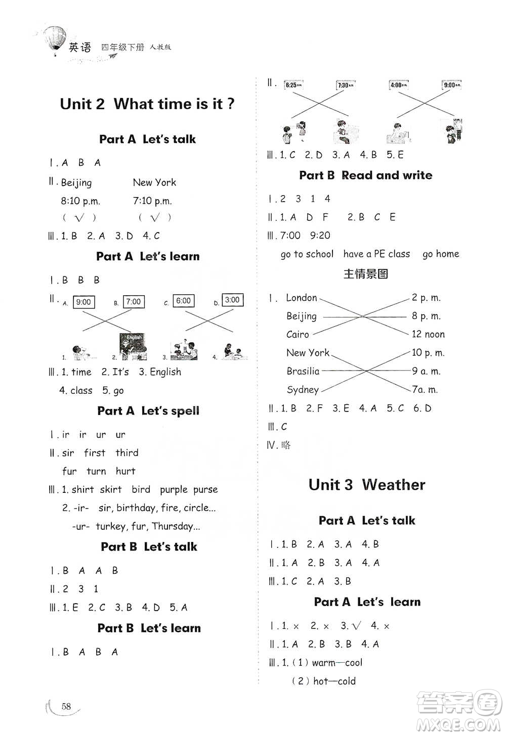 山東教育出版社2021小學(xué)同步練習(xí)冊英語四年級下冊人教版參考答案