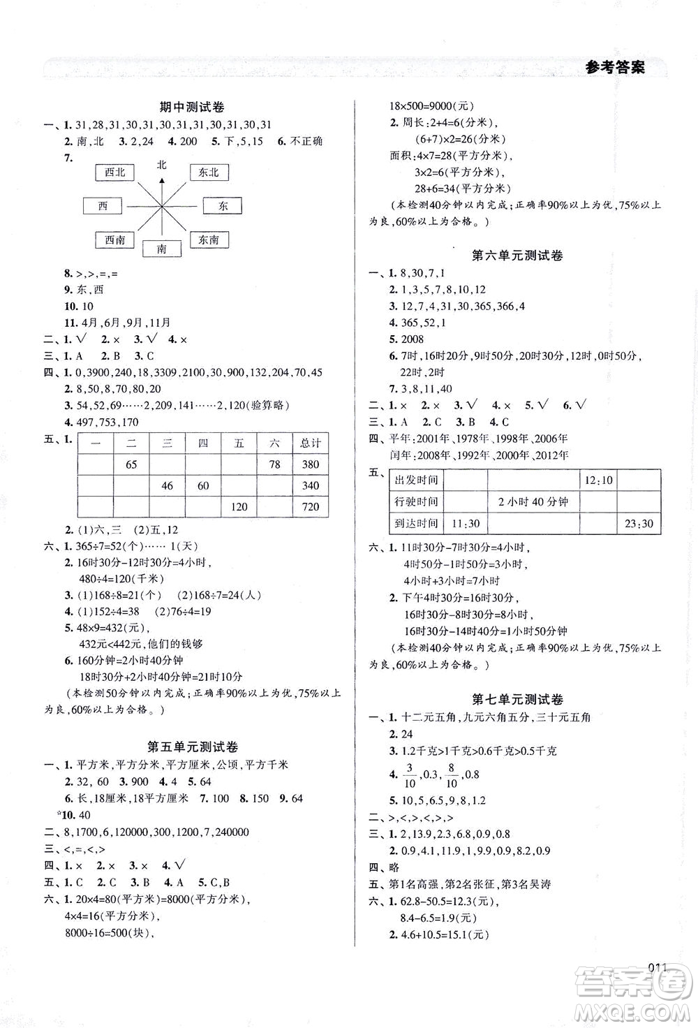 天津教育出版社2021學(xué)習(xí)質(zhì)量監(jiān)測數(shù)學(xué)三年級下冊人教版答案